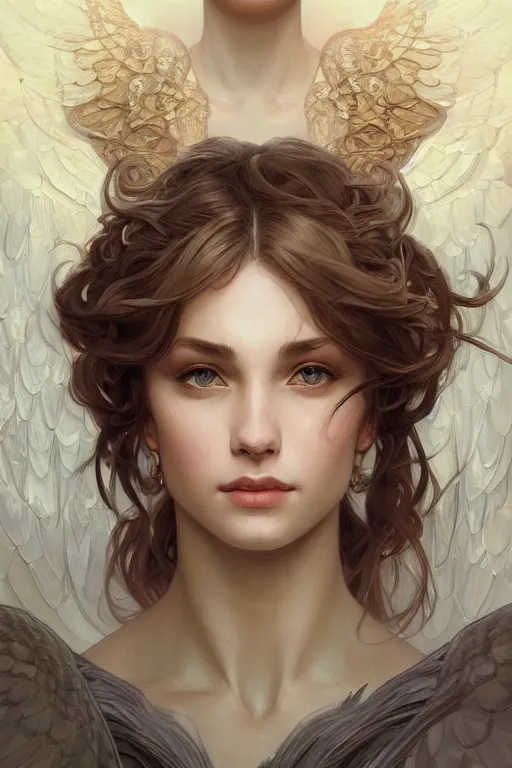 Prompt: up close portrait of a beautiful angel, d & d, face, fantasy, intricate, elegant, highly detailed, digital painting, artstation, concept art, smooth, sharp focus, illustration, art by artgerm and greg rutkowski and alphonse mucha