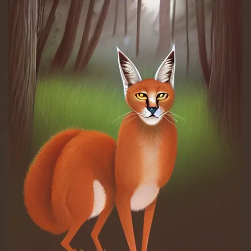 Image similar to photo of a cate caracal in the woods ilustration, concept art, sharp focus, ArtStation