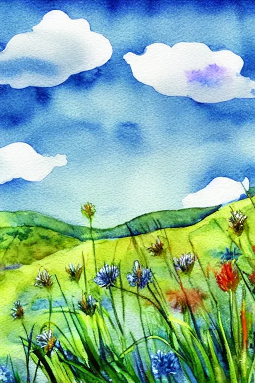 Prompt: grassy hills single tree center, flowers and fantasy sky, through clouds blue sky, watercolor