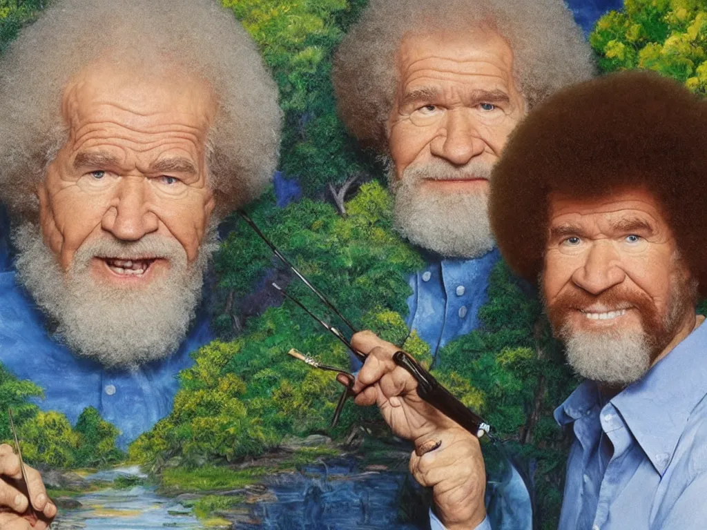 Image similar to old!!!! bob ross is sad and angry and yelling!!! at a huge painting of nature by bob ross