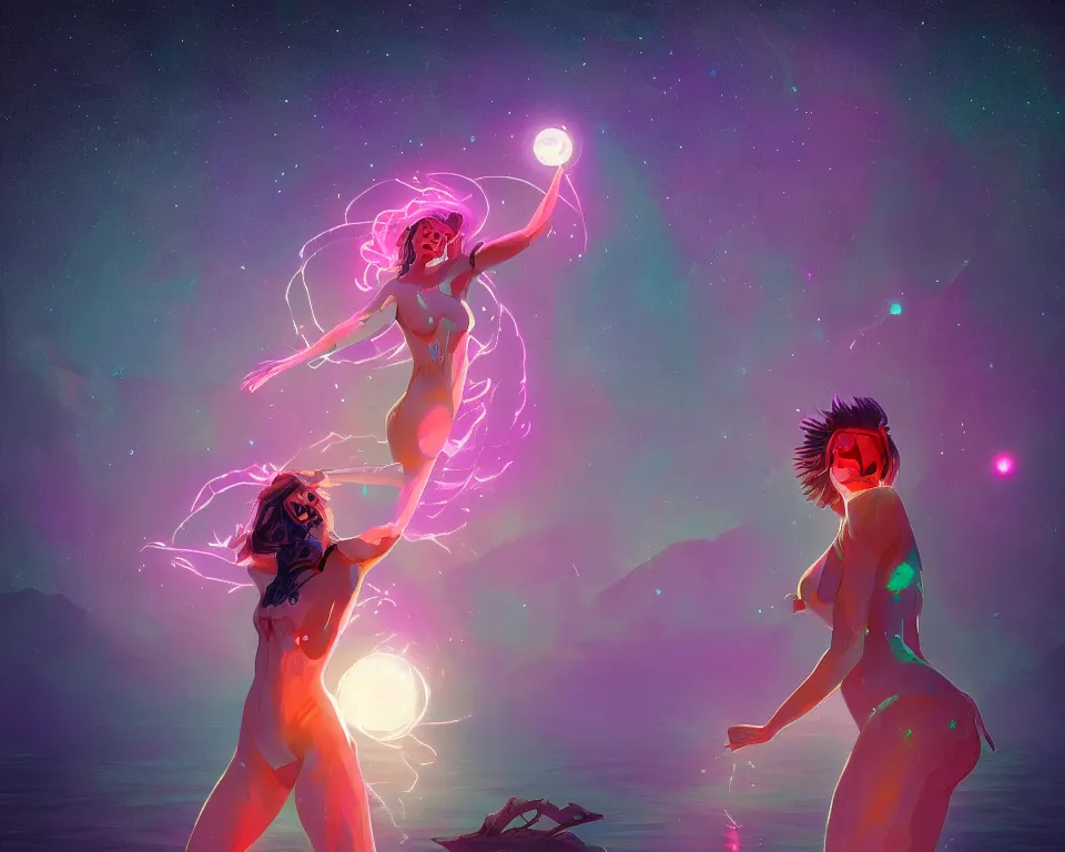 Prompt: beautiful determined goddess standing on a lake basking in the moonlight, conjuring a demon, underneath a multi-colored binary blackhole with an accretion disc, glowing trails following her arms, wearing professional makeup, synthwave, by Lois van Baarle, by Greg Rutkowski, by artgerm, by beeple, by studio ghibli, cinematic angle, volumetric lighting, 4k resolution, octane render, trending on artstation, masterpiece