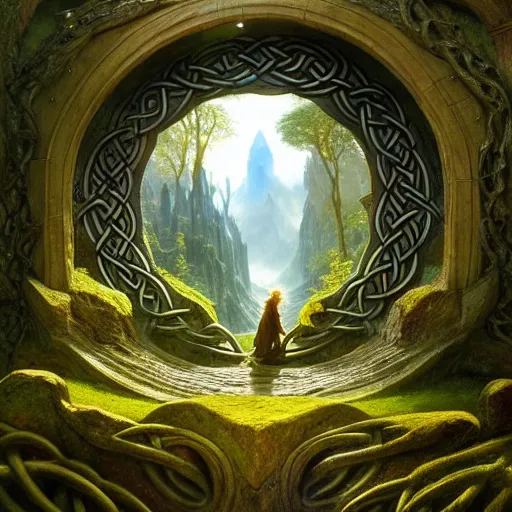 Image similar to a beautiful and highly detailed matte painting of a carved elven portal a land with no gravity, celtic knots, epic scale, insanely complex, hyperdetailed, sharp focus, hyperrealism, artstation, cgsociety, 8 k, by caspar friedrich, albert bierstadt, james gurney, brian froud,