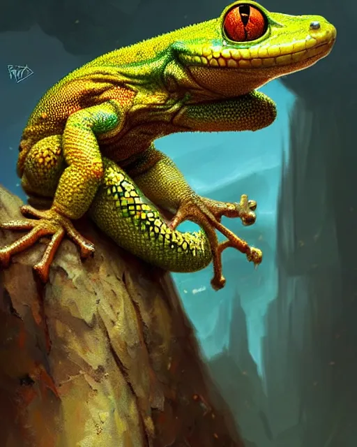 Image similar to closeup 2 8 mm anthropomorphic a gecko wearing its shedded skin as a sweater, d & d, fantasy, intricate, action pose, particle effects, highly detailed, digital painting, artstation, concept art, matte, sharp focus, volumetric lighting, illustration, hearthstone, art by artgerm, wlop, craig mullins, alphonse mucha