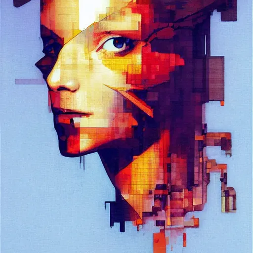 Prompt: portrait of a digital bird on the shoulder of a womain progressively rasterized into pixels, by yoji shinkawa, esao andrews and dave mckean