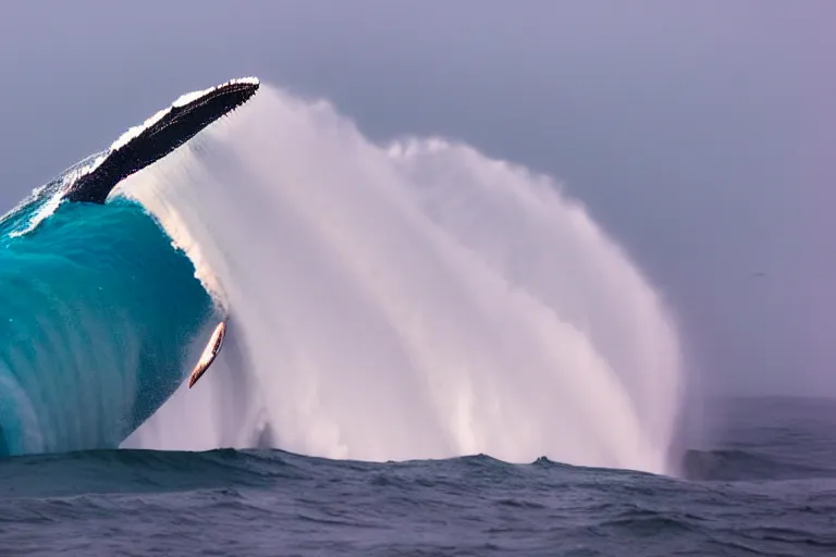Image similar to photography of a gigantic white whale jumping a wave at nazare