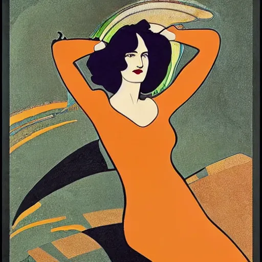 Prompt: Eva Green, Art by Coles Phillips, Orange bodysuit, Chalk white skin, deep purple hair, Green eyes, Portrait of the actress, Eva Green as Metamorpho, geometric art, Ramona Fradon, poster, no text, Alphonse Mucha, Vasily Kandinsky, carbon black and antique gold