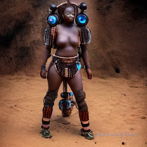 Image similar to beautiful afrofuturistic himba women, otjize, led detailed spacesuit, himba hairstyle, robotic arms, hyperrealistic, scifi, retouched photograph, dark, muted colors