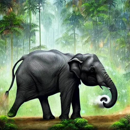 Prompt: elon musk as an elephant, rainforest, tesla, rain, thunder, trees, foliage