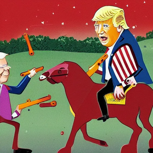 Prompt: Biden, Trump, Putin, Xi, as kids riding a hobby horse shooting each other with water pistols, cartoon!!!!,