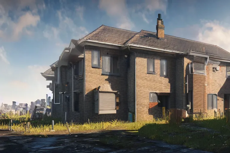 Image similar to cyberpunk, an estate agent listing photo, external view of a 5 bedroom detached house in the UK, it's summer, clear sky, by Paul Lehr, highly detailed, photorealistic, unreal engine, 8k,