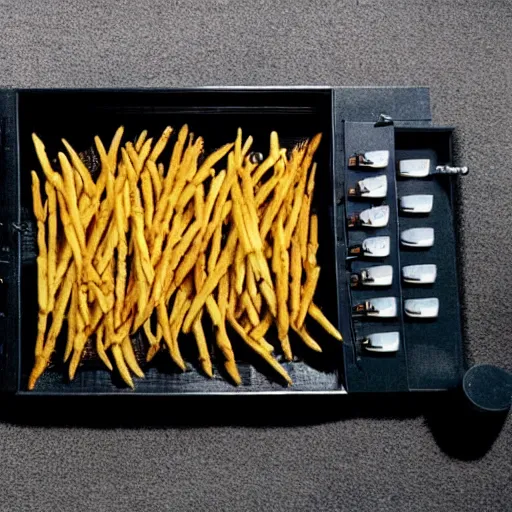 Prompt: Monsters made of French Fries, fighting Star Trek Engineers in the mess, film still from the movie directed by Denis Villeneuve with art direction by Salvador Dalí,