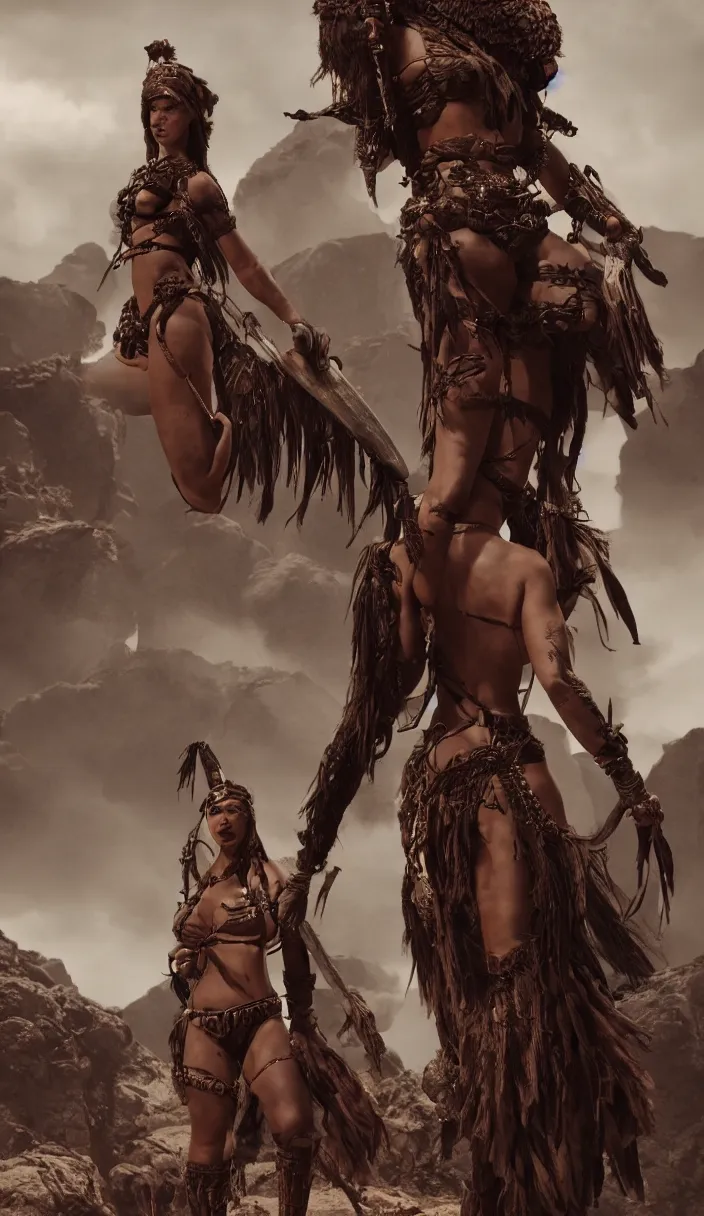 Image similar to solo ancient tribewoman standing against army,bikini inspired monster hunter,back camera, muscular, dramatic lighting, cinematic, establishing shot, extremely high detail, photorealistic, 300 the movie,cinematic lighting, artstation, octane render, western,old photo, vintage