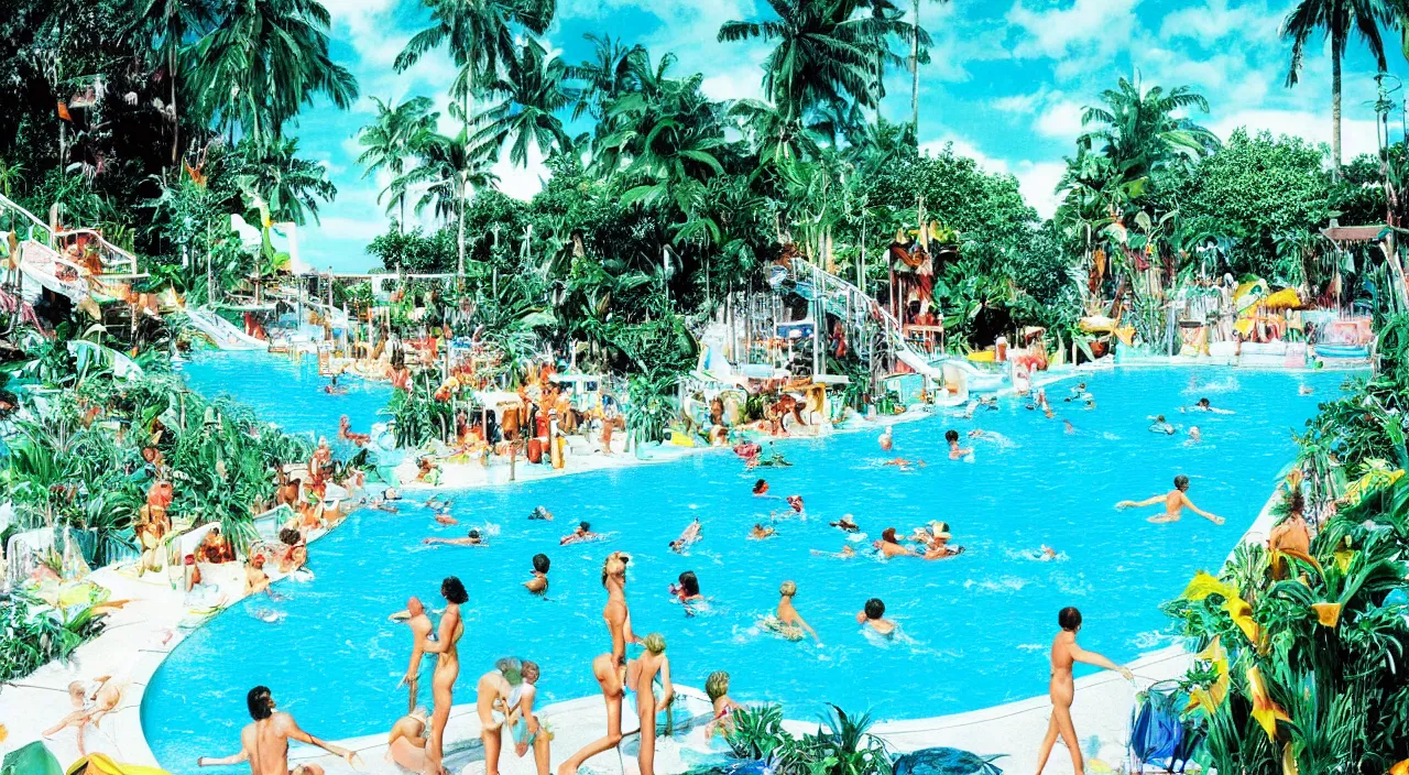 Prompt: a beautiful day at a tropical pool,colorised,photograph