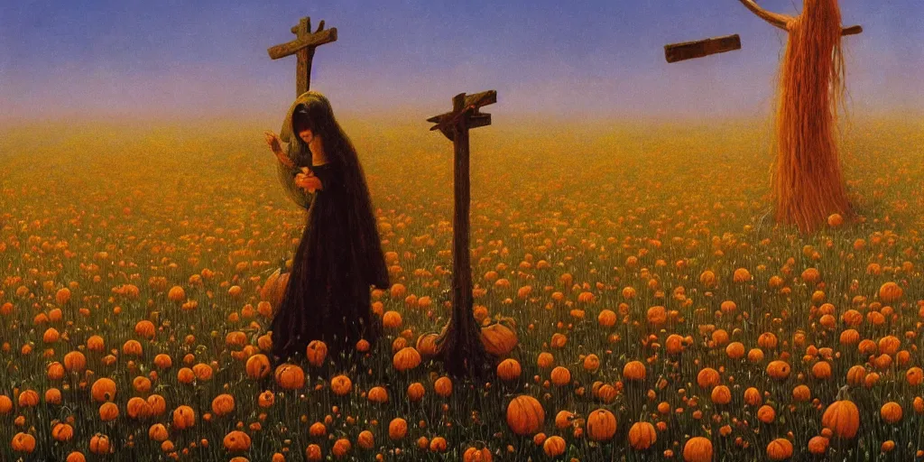 Image similar to a witch with a pumpkin head burning on a cross at sunset casting shadows across a field of flowers, beksinski, dariusz zawadzki