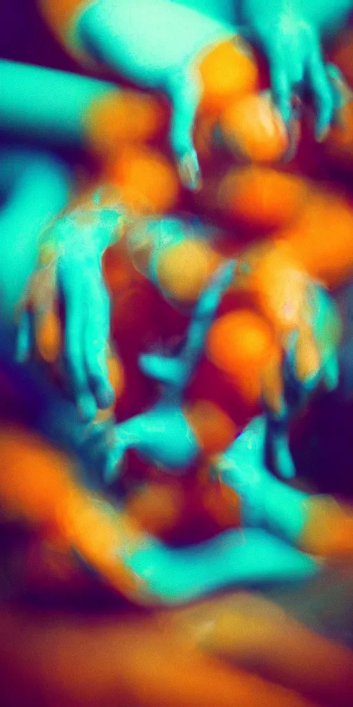 Image similar to a blurry closeup picture of woman's skin gripped tightly, female bodies, hands, macro photography, long exposure photograph, surrealism, anamorphic bokeh, orange and cyan lighting, cinematic