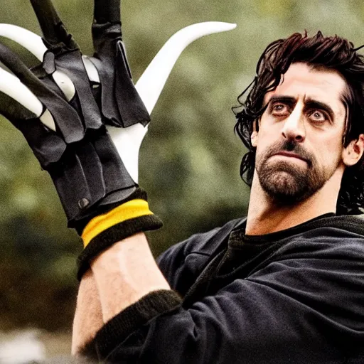 Prompt: first still from new movie has aaron rodgers as edward scissorhands in edward scissorhands remake, ( eos 5 ds r, iso 1 0 0, f / 8, 1 / 1 2 5, 8 4 mm, postprocessed, crisp face, facial features )