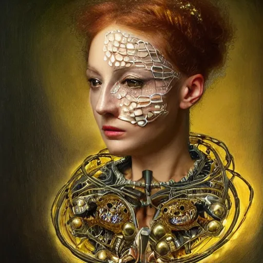 Image similar to renaissance oil painting, very beautiful woman integrating with technology, full face frontal centered, portrait, insipiring, detailed intricate ornate cables connected to head, big open electric eyes, luxurious detailed abundent wiring and implants, diamonds, sci-fi, neon, emeralds, detailed technology full background, highly detailed, artstation, Rene Lalique and Eddie Mendoza and Gil Elvgren