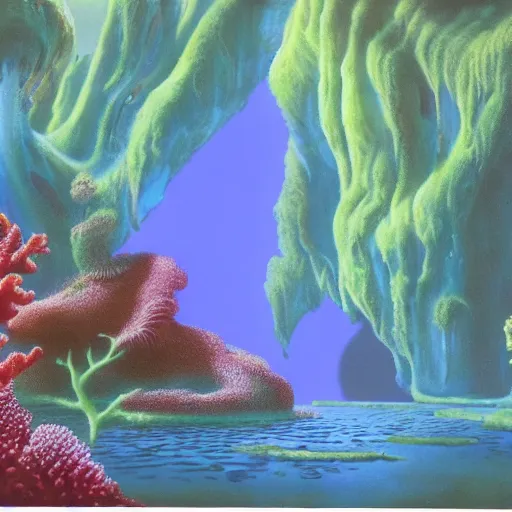 Image similar to underwater verdant coral wonderland, matte painting from Fantasia (1940)