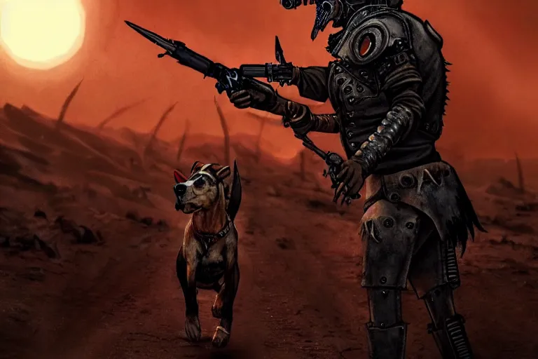 Image similar to a hound dog fursona ( from the furry fandom ), heavily armed and armored facing down armageddon in a dark and gritty version from the makers of mad max : fury road. witness me.