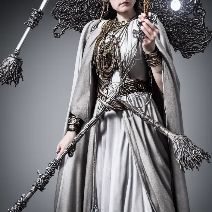 Image similar to photograph of a real-life beautiful lunar witch with ornate silver robes and staff. Extremely detailed. 8k