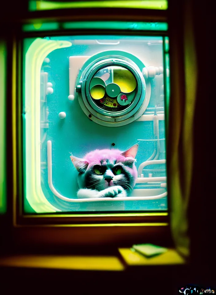 Prompt: telephoto 7 0 mm f / 2. 8 iso 2 0 0 photograph depicting the feeling of chrysalism in a cosy safe cluttered french sci - fi ( ( art nouveau ) ) cyberpunk apartment in a pastel dreamstate art cinema style. ( cat ) ( ( fish tank ) ), ambient light.