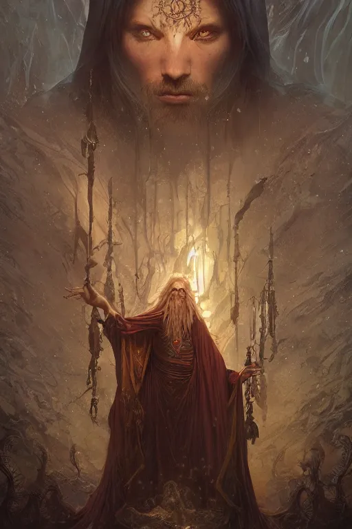 Prompt: The Great Wizard returns to the magic world after 4000 years, realistic, fantasy, intricate, elegant, highly detailed, digital painting, artstation, concept art, smooth, sharp focus, illustration, magic, occult, spells, symmetry, masterpiece, art by Marc Simonetti, by Greg Rutkowski, by Alphonse Mucha