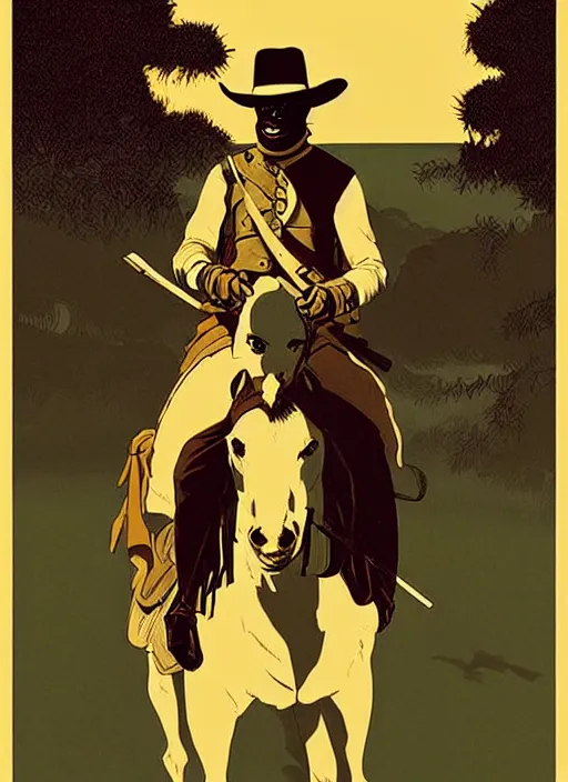 Prompt: poster artwork by Michael Whelan and Tomer Hanuka, of Kermit the From riding a horse, from scene from Django Unchained, clean