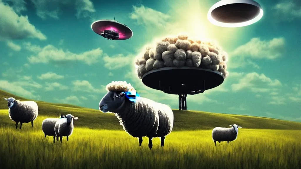 Prompt: sheep in a field being abducted by a ufo!, hyper energy, punk aesthetic, concept art, sharp focus, illustration,