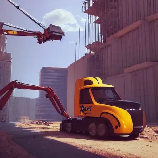 Prompt: friendly looking construction robot truck waiting at a construction site : : by beeple and james gilleard and justin gerard : :, centered, artstation, smooth, sharp focus, photoreal octane render, 3 d, by jean - baptiste monge!!!!!!!