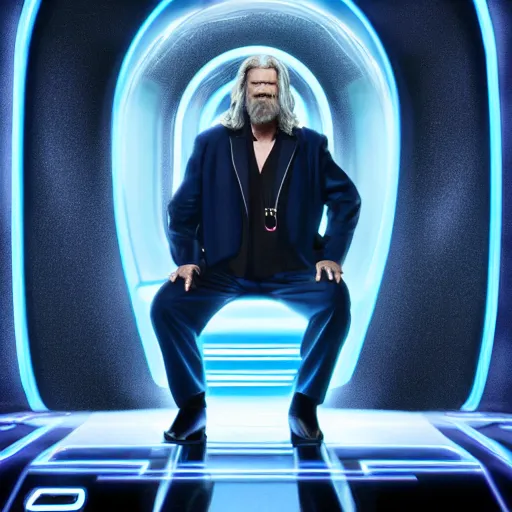 Image similar to dude lebowski played by jeff bridges in tron movie realm, photorealistic movie still, detailed 8 k, poster style, high resolution