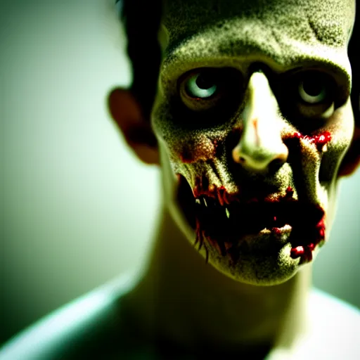 Image similar to a very high quality portrait photo of a philosophical zombie, dramatic lighting, depth of field 5 0 mm