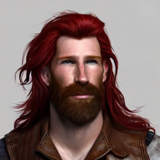 Prompt: portrait of a ruggedly handsome!!!!! male ship captain with long red hair!!!!!!, 30 years old, upper body, wavey hair, leather coat, friendly, playful, D&D, hairworks, Unreal 4, fantasy, elegant, highly detailed, digital painting, hairworks, deviantart, artstation, concept art, sharp focus, dramatic lighting, illustration, art by Artgerm and Greg Rutkowski and Alphonse Mucha
