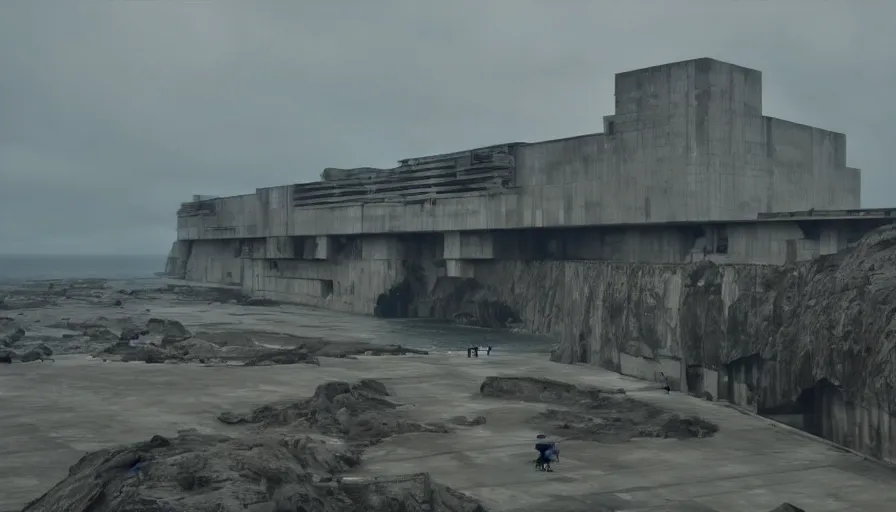 Image similar to big brutalist imperial military base on cliffs, drawing architecture, very long shot, top angle, imperial architecture in rogue one, pritzker architecture prize, brutalism architecture, jan urschel, greig fraser