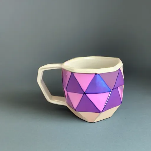 Prompt: avant - garde geodesic triangle ceramic mug with pink and purple pearlescent glaze