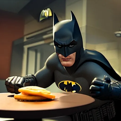 Image similar to A still of Batman eating at McDonalds, 4k, photograph, ultra realistic, highly detailed, studio lighting