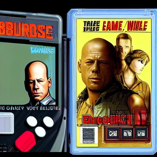 Image similar to box art for a gameboy game that just loads a picture of bruce willis's face. no other gameplay features.