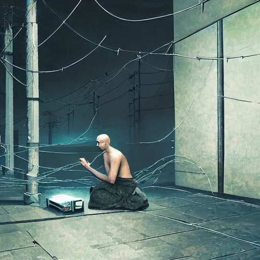 Image similar to a single monk kneeling with wires connecting him to a computer, nirvana, machines and wires everywhere, flashing neon lights, creepy, dark shadowy surroundings, dystopian scifi, horror, stefan koidl inspired, 4 k