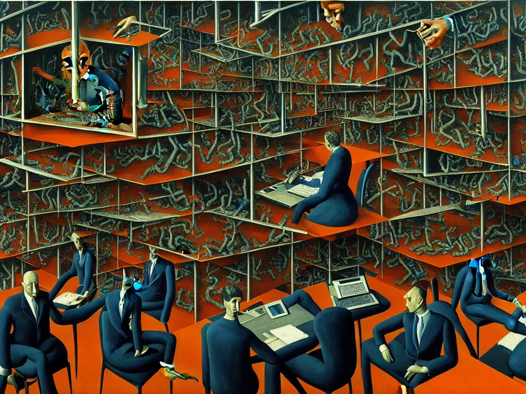 Image similar to a painting of a vast office in hell, businesspeople sitting in front of computers upside down,, highly detailed, 4 k, art by max ernst