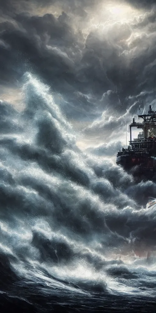 Prompt: scifi barge in turbulent waters in rocky coast, storm in the background, hyper realistic, highly detailed, digital art, apocalyptic, intimidating lighting, raytracing, sharp focus, smooth, romanticism