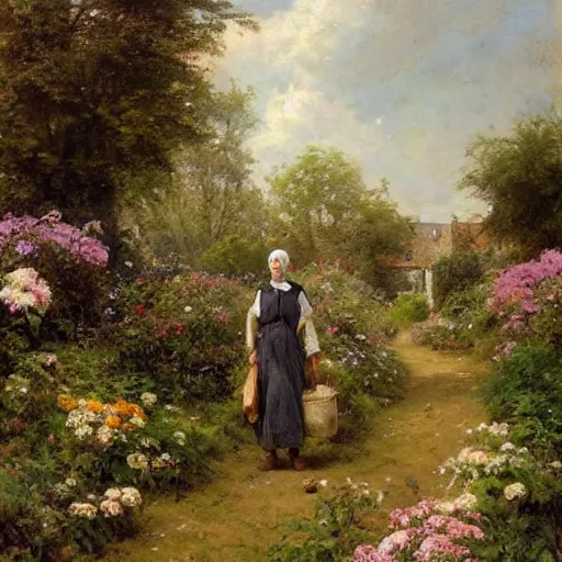 Prompt: remove people. no people. no figures. jean-Baptiste Monge and Solomon Joseph Solomon and Richard Schmid and Jeremy Lipking victorian genre painting portrait painting of an english country cottage with a stone path and flower garden