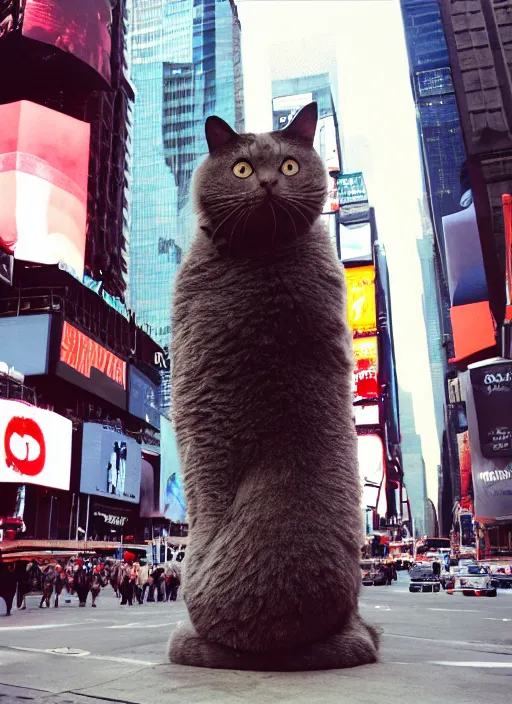 Image similar to a giant cat in times square, cinestill