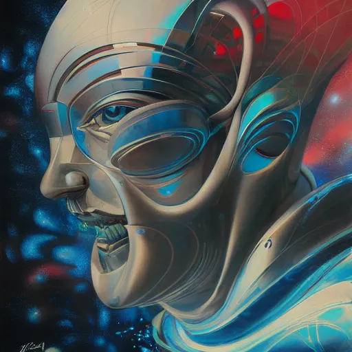 Image similar to scifi futurism automaton minimalism chrome by peter mohrbacher art Hajime Sorayama airbrush hyperrealism model abstract shatter fragments cubism futurism pastel blue soft flat minimal minimalism portrait face jackson pollock ukiyo-e lithograph mark ruthko swirl escape noise shimmer glow paint