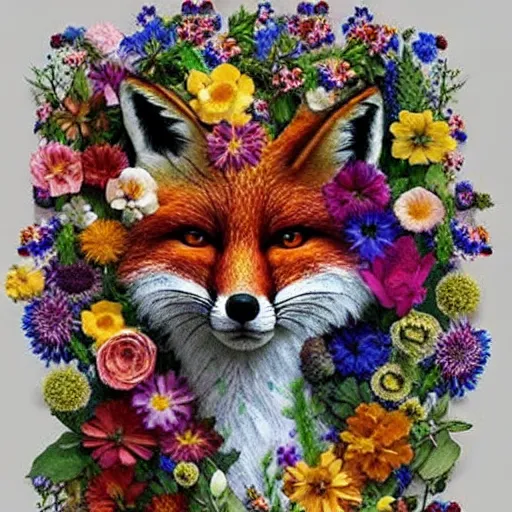 Image similar to made of flowers, made of flowers, made of flowers, fox made of flowers, fantasy art