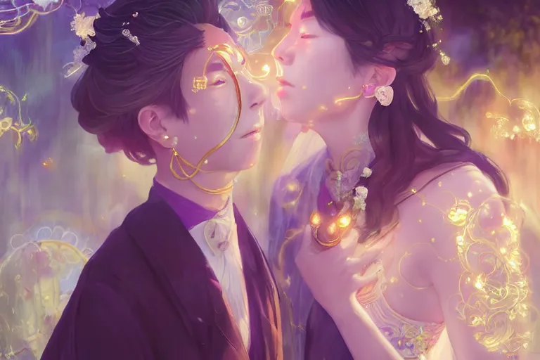 Image similar to a dreamlike portrait of wedding photograph close up moment of a divine a taiwan sun god and moon goddess lovers magician at a wedding banquet. portraiture. digital painting. artstation. concept art. fantasy wedding photo. digital painting, 8 k realistic, hyper detailed, by makoto shinkai and akihiko yoshida and hidari and wlop