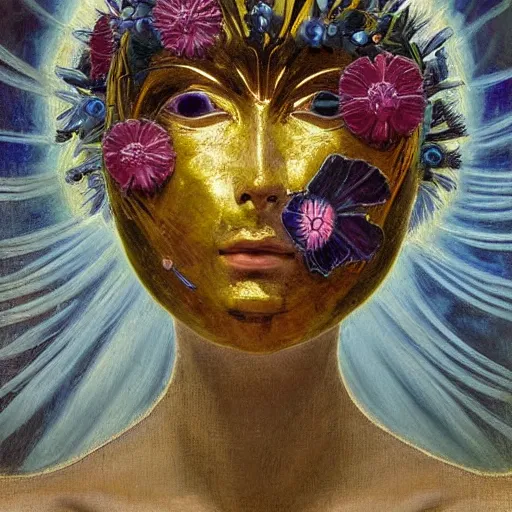 Image similar to a masterpiece painting of a facemask made of stylized flowers, by annie swynnerton and jean delville and tino rodriguez, flower mask, art deco shaman, art brut, symbolist, dramatic cinematic lighting, god rays, iridescent beetles, clean crisp graphics, smooth sharp focus, extremely detailed