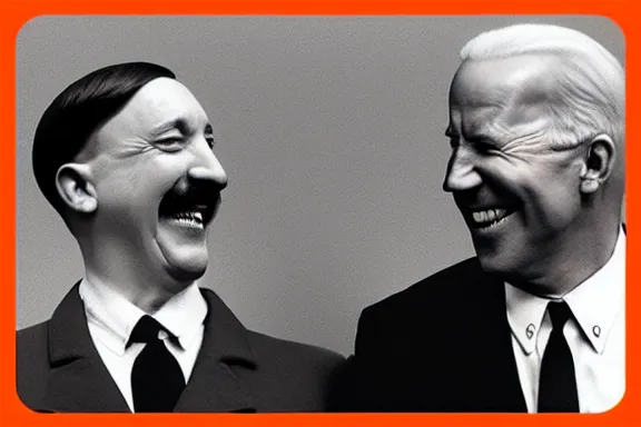 Image similar to “ very very intricate photorealistic photo of hitler and joe biden laughing together, detailed natural lighting, award - winning crisp details ”