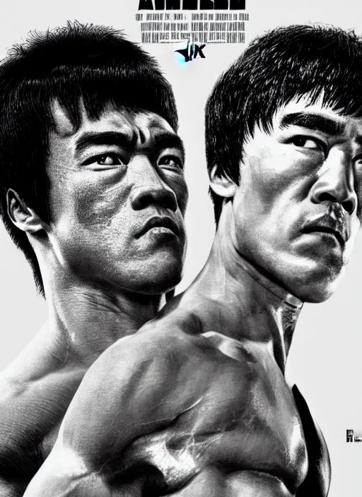 Prompt: Film poster, Arnold Schwarzenegger VS Bruce lee , faces look at each other, detailed and realistic, 4k, filmic render