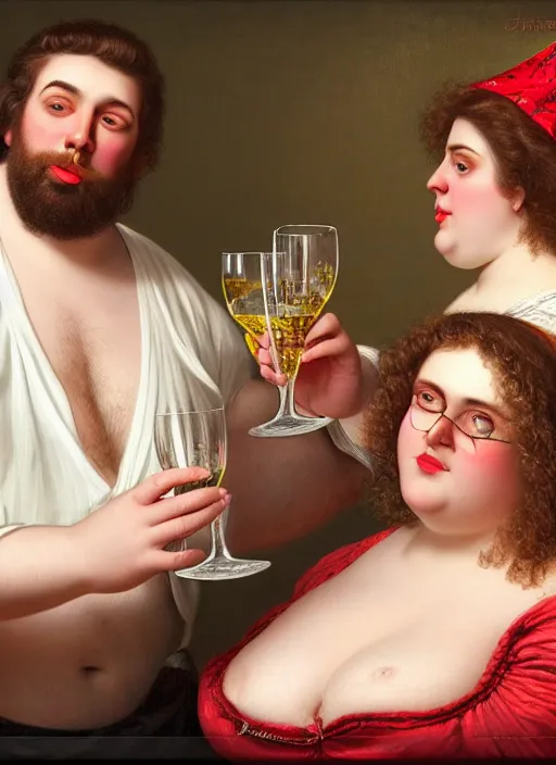 Prompt: beardless man and large beautifull woman watching together to the camera, large technics dj table front of picture, largebeer glasses, strudels and birthday presents all around, photoshoot, 4 k, hyper realistic, natural, highly detailed, digital illustration, trending in artstation, classical painting, smooth, sharp focus art by ilya repin