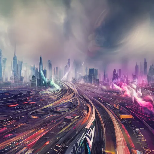 Prompt: muted colorful smoke forms into vague shape reminiscent of dragons racing. distant futuristic cityscape in the background, 4K, 8K, UE5, cgsociety