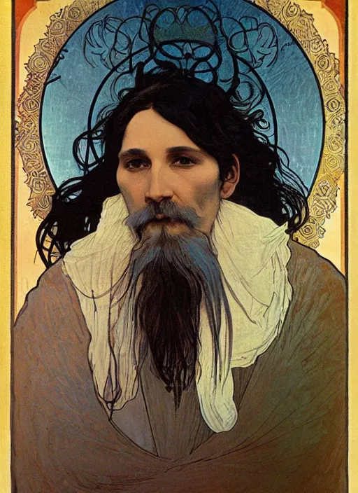 Image similar to portrait of an unkle blue moon with long black hair and beard, by alphonse mucha